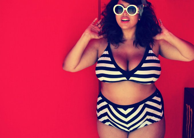 Woman in striped bikini.