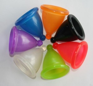 Collection of colourful menstrual cups.