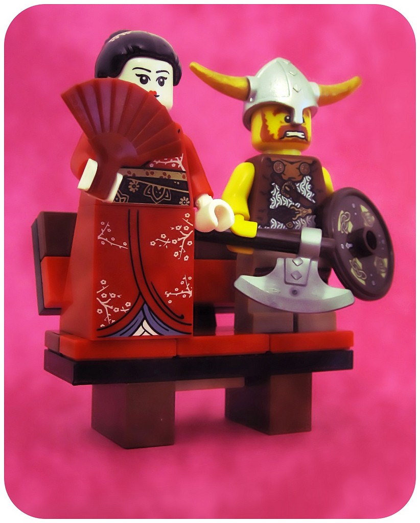 Lego-like figures of a Viking and Geisha.