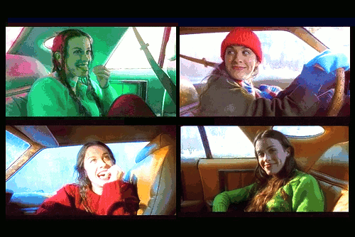 Four panel GIF of Alanis Morissette in a car.