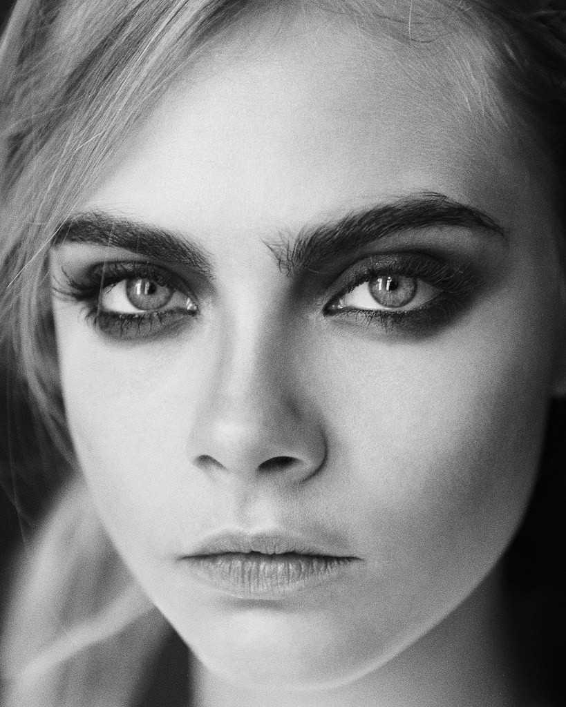 black and white close-up photogaph of model Cara Delevingne