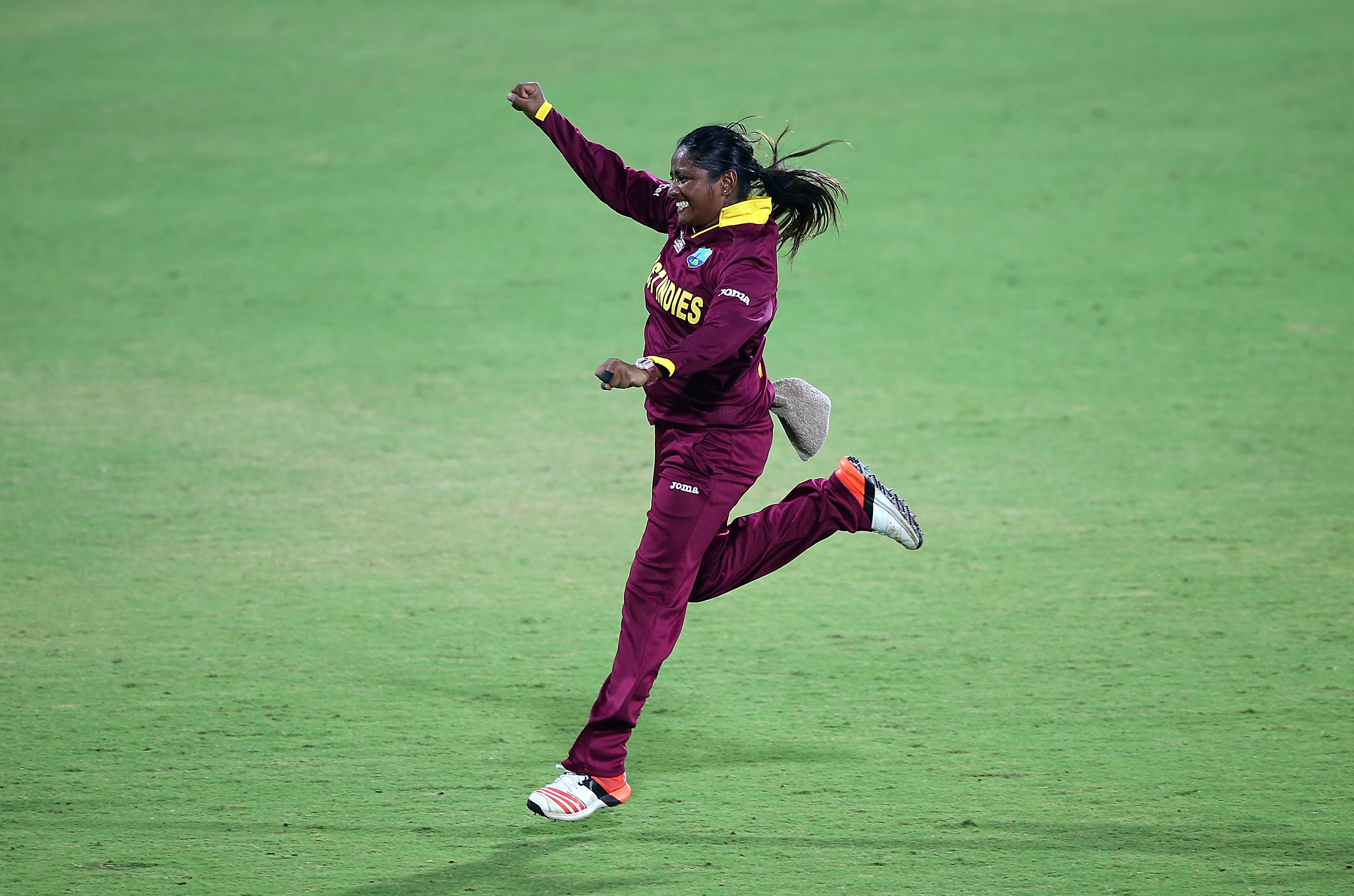 "CHENNAI, INDIA - MARCH 16: Anisa Mohammed of the West Indies celebrates the wicket of Bismah Maroof of Pakistan during the Women's ICC World Twenty20 India 2016 match between West Indies and Pakistan at MA Chidambaram Stadium on March 16, 2016 in Chennai, India. (Photo by Jan Kruger-IDI/IDI via Getty Images)"