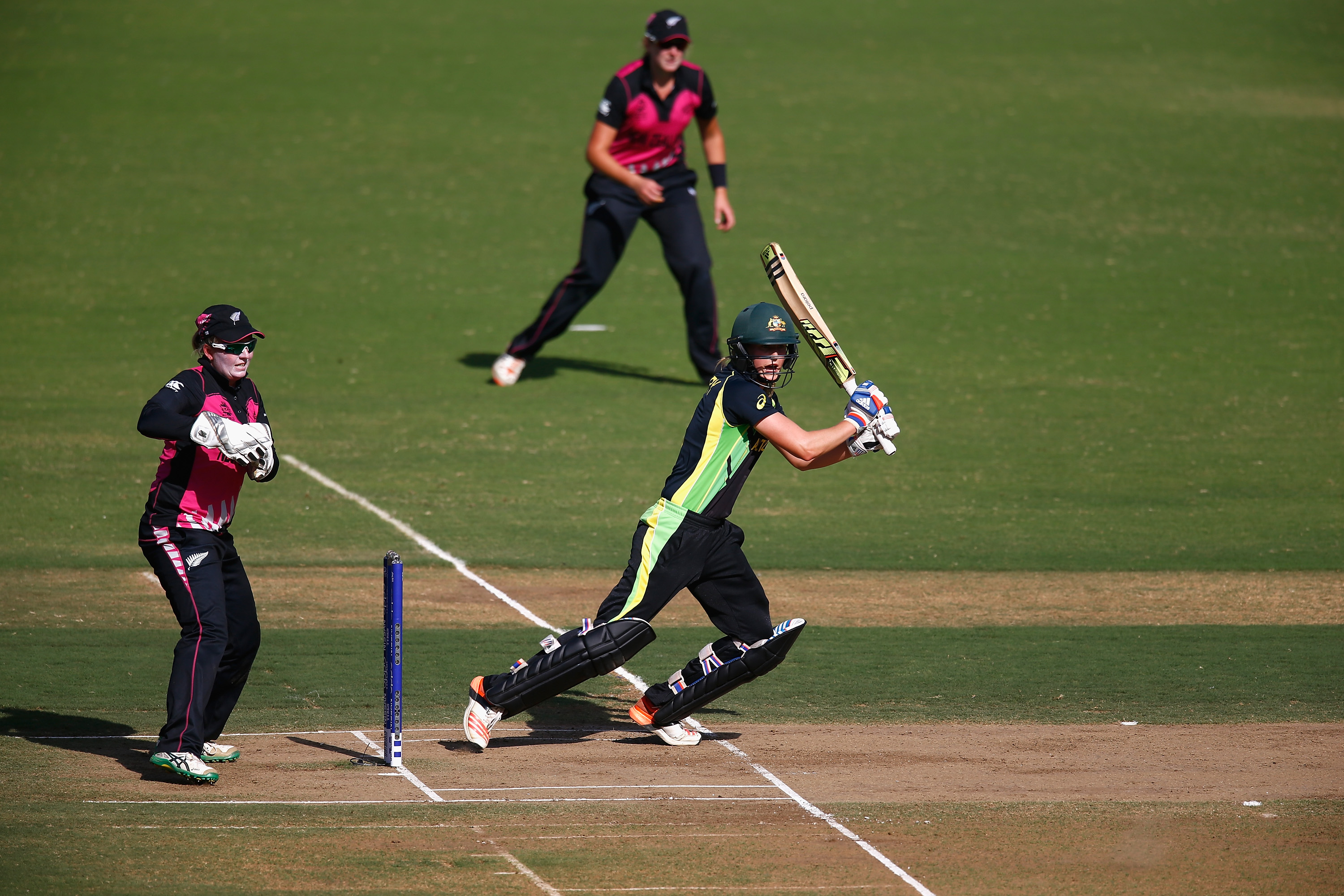 "NAGPUR, INDIA - MARCH 21: Ellyse Perry of Australia in action with Rachel Priest of New Zealand during the Women's ICC World Twenty20 India 2016 Group A match between Australia and New Zealand at the Vidarbha Cricket Association Stadium on March 21, 2016 in Nagpur, India. (Photo by Christopher Lee-IDI/IDI via Getty Images)"