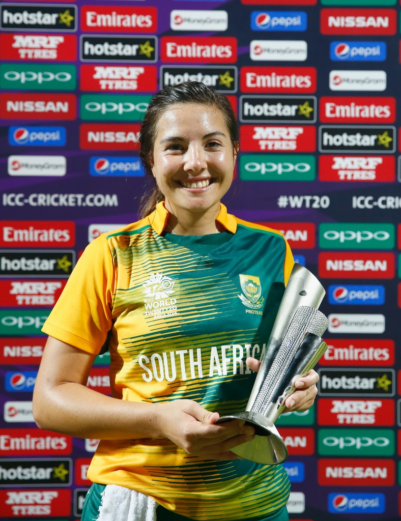 "CHENNAI, INDIA - MARCH 23: Sune Luus of South Africa celebrates winning the Player of the Match after taking 5 wickets during the Women's ICC World Twenty20 India 2016 Group A match between South Africa and Ireland at the Chidambaram Stadium on March 23, 2016 in Chennai, India. (Photo by Christopher Lee-IDI/IDI via Getty Images)"