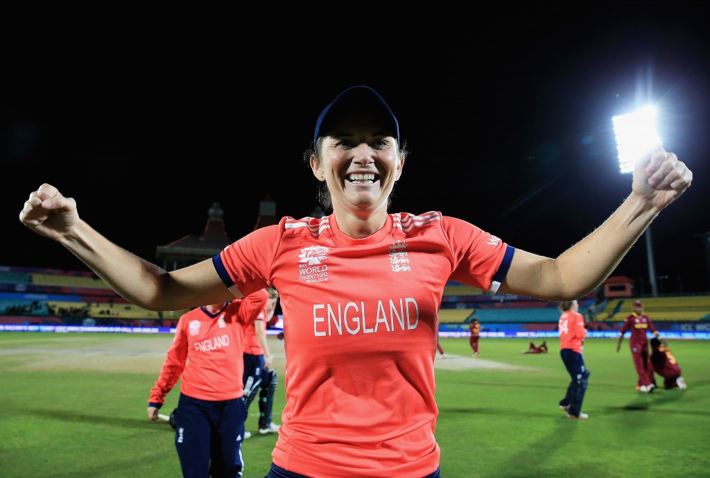 "DHARAMSALA, INDIA - MARCH 24: Charlotte Edwards, Captain of England celebrates her sides win against the West Indies during the Women's ICC World Twenty20 India 2016 match between England and the West Indies at the HPCA Stadium on March 24, 2016 in Dharamsala, India. (Photo by Matthew Lewis-IDI/IDI via Getty Images)"