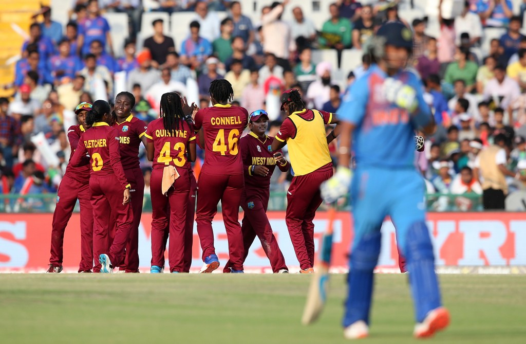 "MOHALI, INDIA - MARCH 27: West Indies players celebrate a wicket during the Women's ICC World Twenty20 India 2016 match between West Indies and India at IS Bindra Stadium on March 27, 2016 in Mohali, India. (Photo by Jan Kruger-IDI/IDI via Getty Images)"