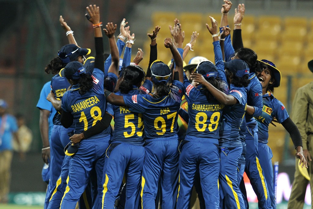 "Bangalore, INDIA - MARCH 28 : Team Sri Lanka celebrates after winning Women's ICC World Twenty20 India 2016 match between South Africa and Sri Lanka at the Chinnaswamy stadium on March 28, 2016 in Bangalore, India. (Photo by Pal Pillai/IDI via Getty Images)...."