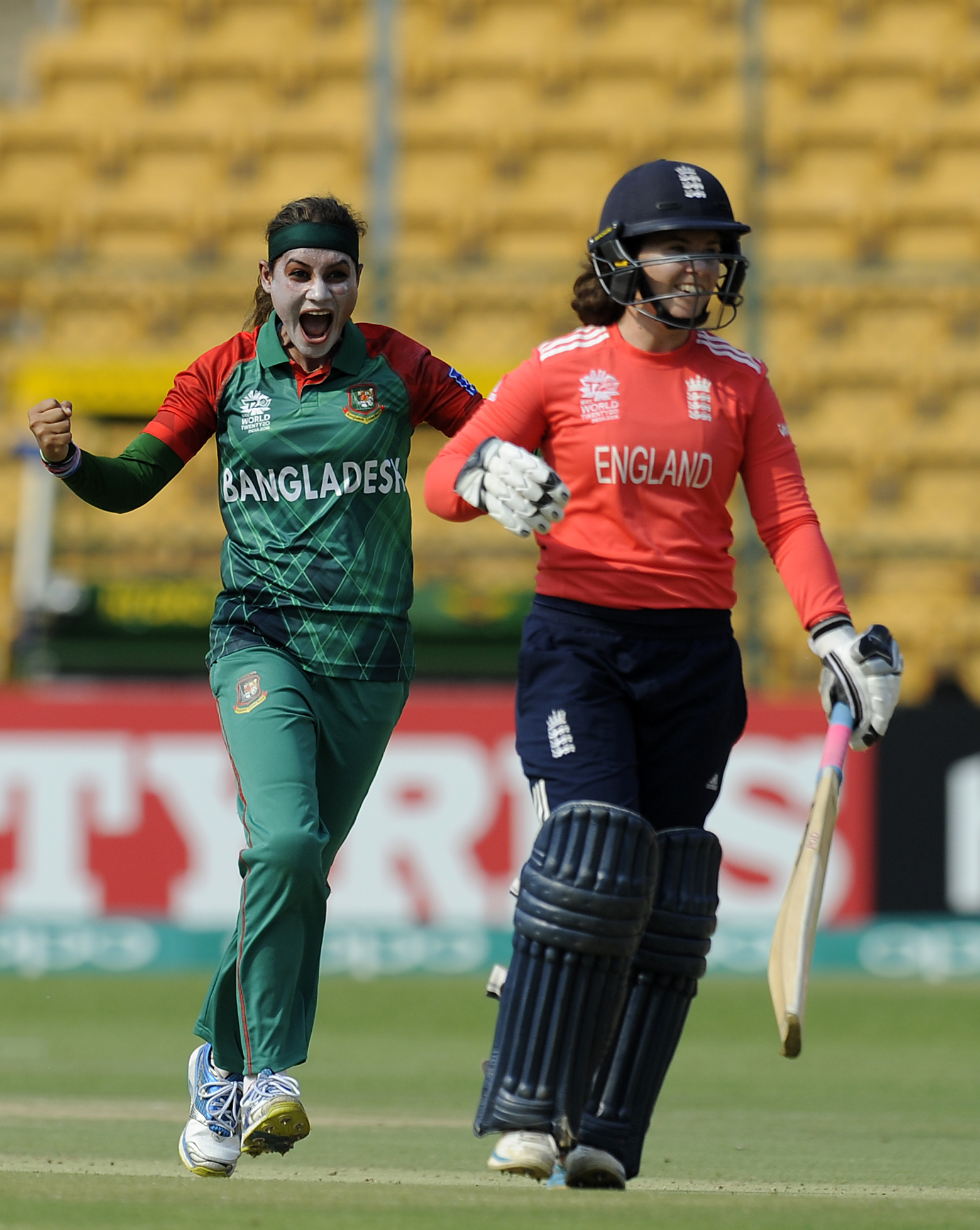 Jahanara Alam celebrates after getting Tammy Beaumont of England bowled out. Photo via ICC, Photo credit: Pal Pillai/IDI via Getty Images