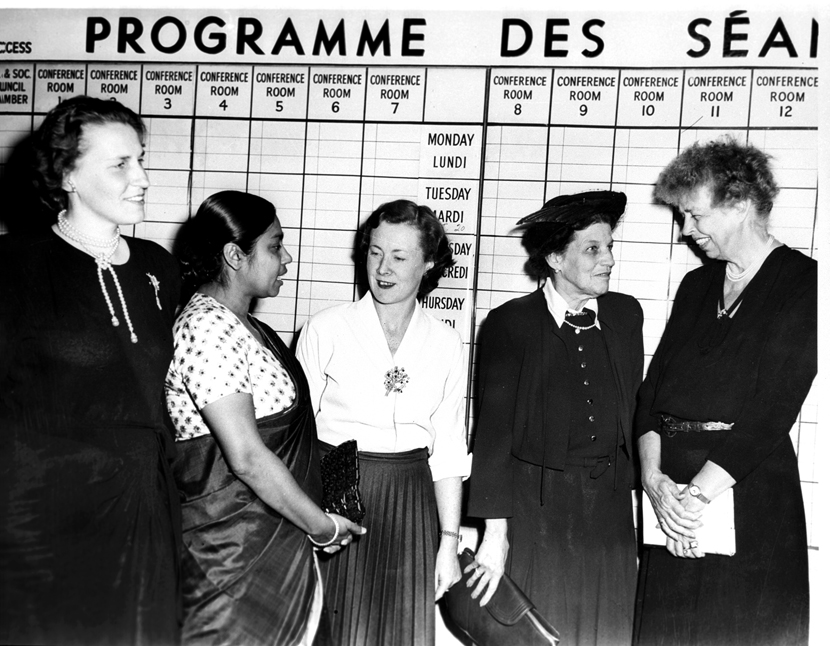 U.S.A. Embassy/Oct.49, A22a(iii) Mrs. Sucheta Kriplani, Member of the Constituent Assembly of India, was among the women representatives to the United nations General Assembly, which recently opened its forth session in New York. Picture shows women representatives to the Assembly. Left to right : Mrs. Ulla Lindstrom, member fo the First chamber of Parliament, Sweden; Mrs. Sucheta Kripalani, Member of the Constituent Assembly, India; Mrs. Barbara Castle, Member of Parliament; Mrs. Cairine Wilson, Senator, Canada and Mrs. Franklin D. Roosevelt, United States of America.