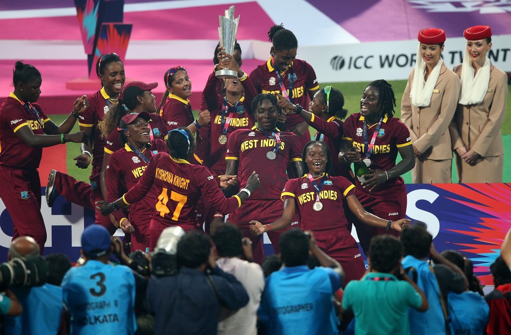 "KOLKATA, WEST BENGAL - APRIL 03: Stafanie Taylor, Captain of the West Indies and her team celebrate with the trophy during the Women's ICC World Twenty20 India 2016 final match between Australia and West Indies at Eden Gardens on April 3, 2016 in Kolkata, India. (Photo by Jan Kruger-IDI/IDI via Getty Images)"