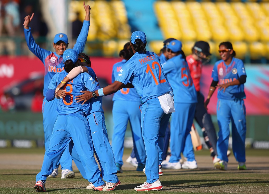 "DHARAMSALA, INDIA - MARCH 22: India celebrate the wicket of Charlotte Edwards, Captain of England during the Women's ICC World Twenty20 India 2016 match between England and India at the HPCA Stadium on March 22, 2016 in Dharamsala, India. (Photo by Matthew Lewis-IDI/IDI via Getty Images)"