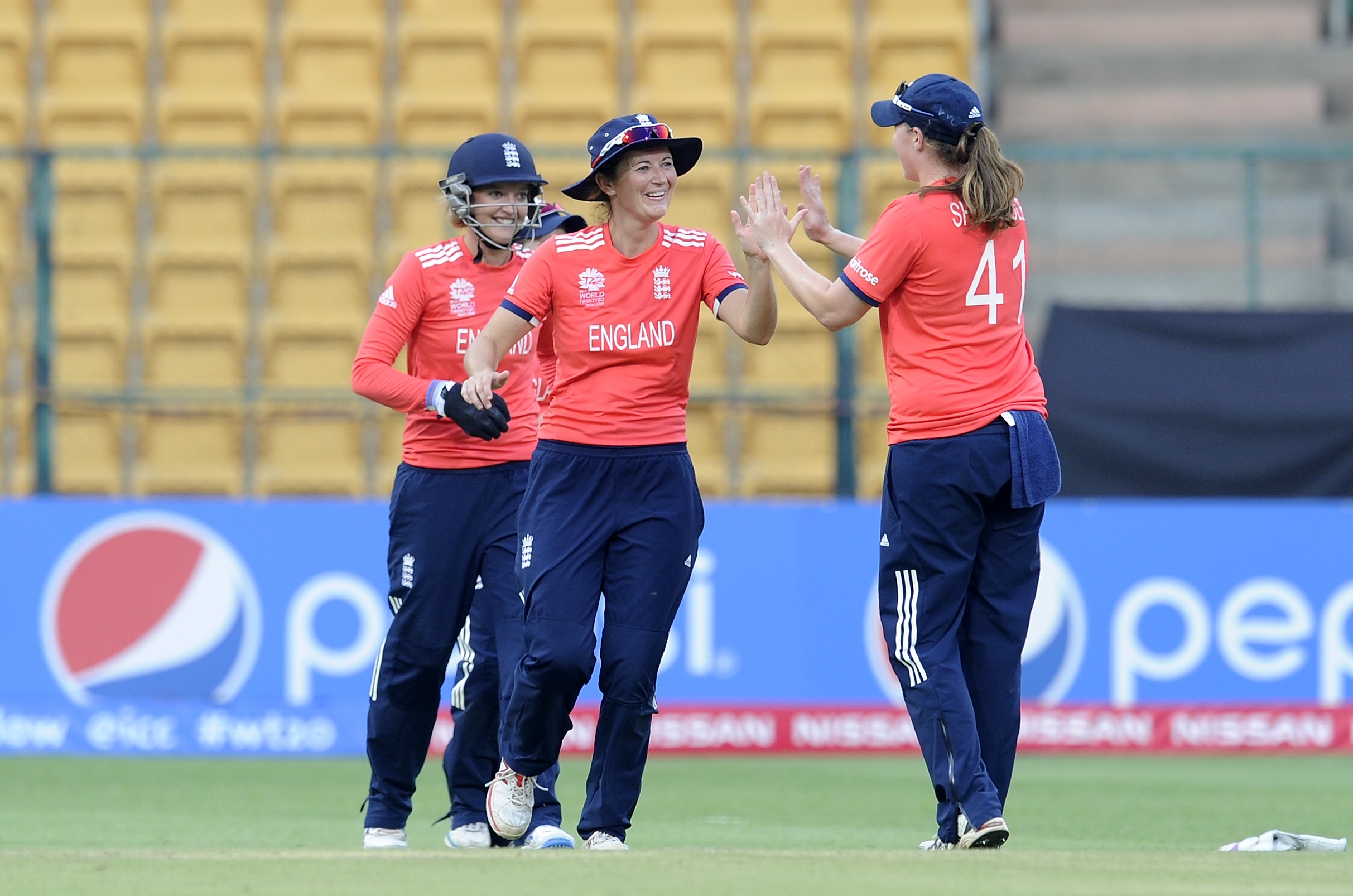 "Bangalore, INDIA - MARCH 17 : Charlotte Edwards, Captain of England celebrates the wicket of Rumana Ahmed of Bangladesh during the Women's ICC World Twenty20 India 2016 match between England and Bangladesh at the Chinnaswamy stadium on March 17, 2016 in Bangalore, India. (Photo by Pal Pillai/IDI via Getty Images).."